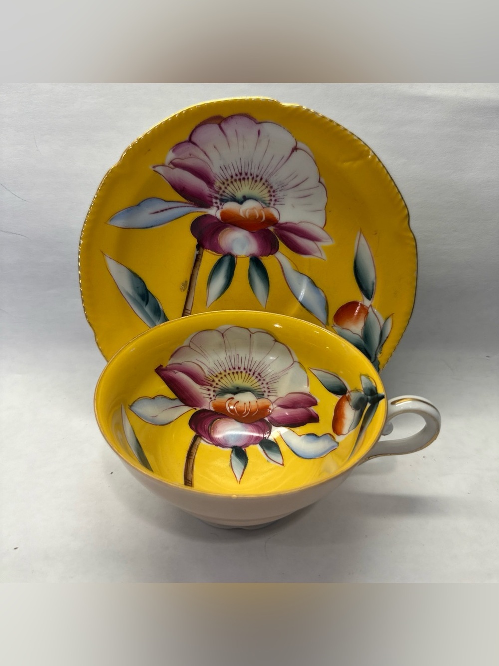 Vintage Wales Japan Yellow 1950s Tea Cup Saucer Set White Iris Floral Retro MCM